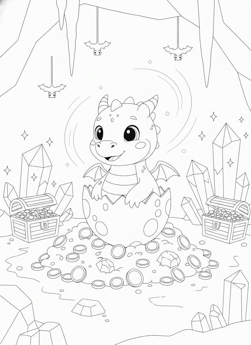 Baby Dragon Hatching Coloring Page — free printable black-and-white coloring page