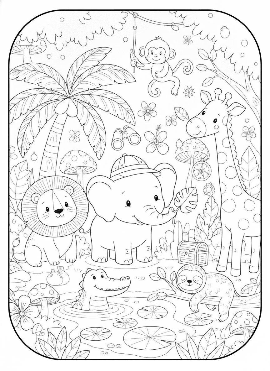 Cute Jungle Animal Safari Coloring Page