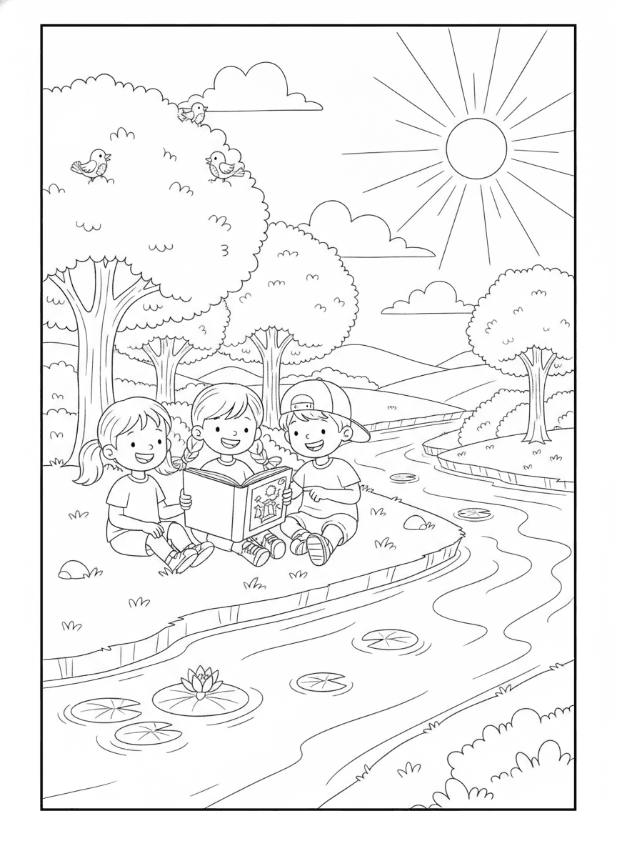 Friends Reading by the River Coloring Page — free printable black-and-white coloring page